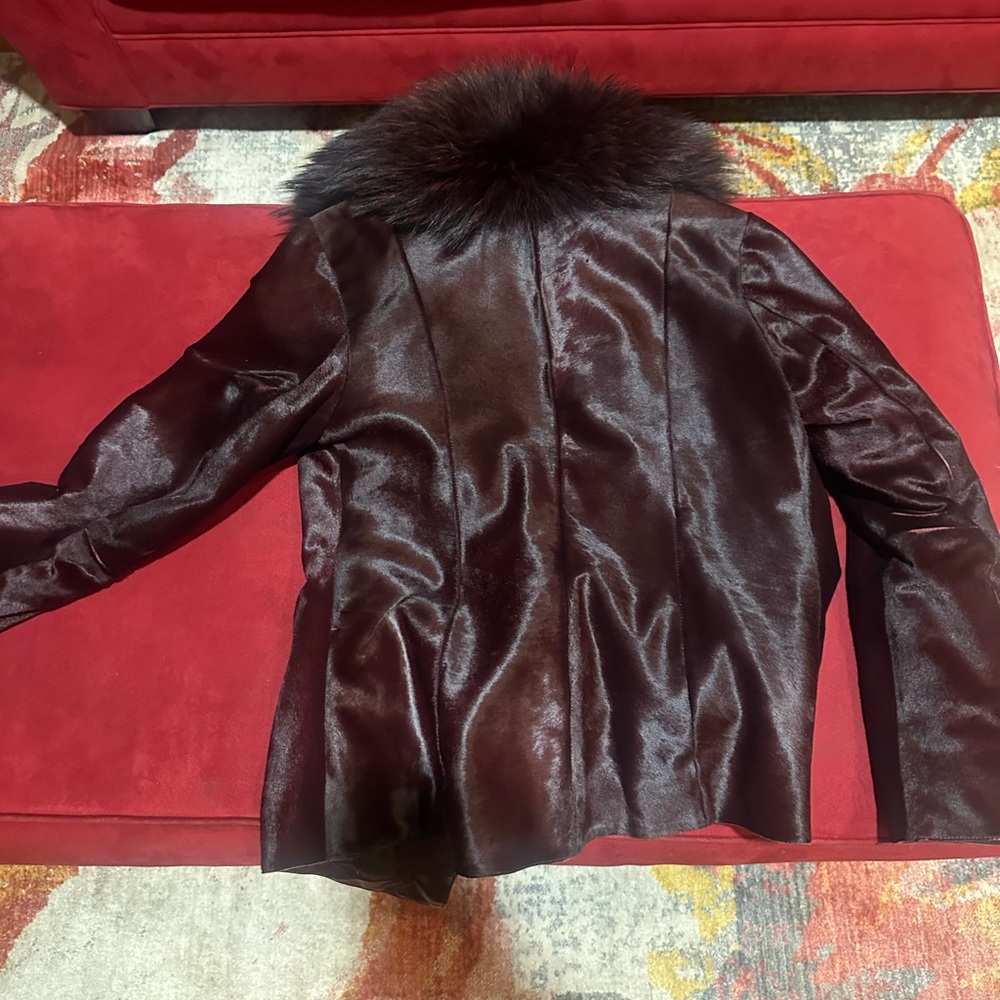 Wine color Calfskin Raccoon fur jacket